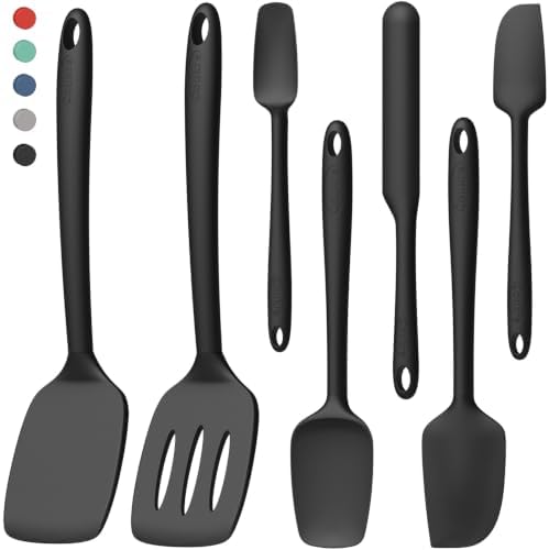 Coukre Silicone Spatula Set of 7, BPA Free Food Grade Silicone Cooking Utensils, Heat Resistant Kitchen Tools for Nonstick Cookware, Dishwasher Safe Spatulas for Cooking and Baking（7,PureBlack）