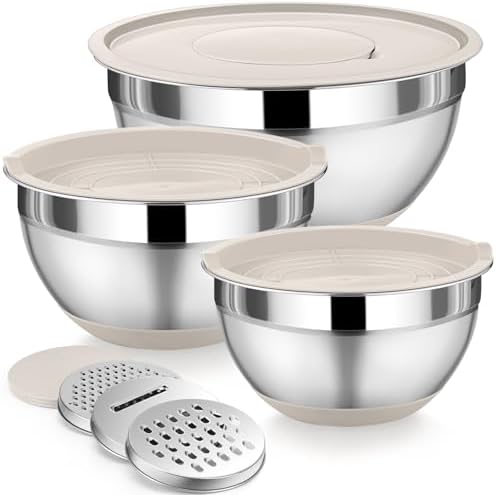 P&P CHEF Mixing Bowl with Lid Set of 3, Stainless Steel Salad Bowls, Khaki