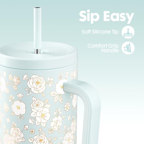 Meoky UV Color-Changing Tumbler: 40 oz Tumbler with Handle and Straw- Stainless Steel Insulated Tumbler for Car Cup Holders - Travelers Commuters Workers (1 Pack, Camellia)