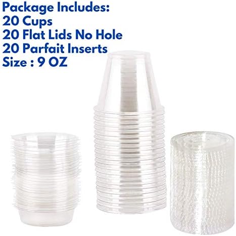 Aatriet 9 oz Clear Plastic Parfait Cups with Insert 3.25oz & Flat Lids No Hole - (20 Sets) Yogurt Fruit Parfait Cups for Kids, for Dips and Veggies, Take Away Breakfast and Snacks. No Leaking