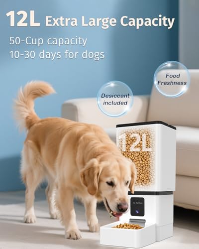 Automatic Dog Feeder Large Breed: 12L/50 Cup Capacity for Kibble up to 20mm