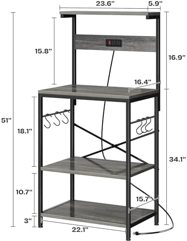 SUPERJARE Kitchen Bakers Rack with Power Outlet, Coffee Bar Table 4 Tiers, Kitchen Microwave Stand with 6 S-Shaped Hooks, Storage Shelf Rack for Spices, Pots and Pans - Charcoal Gray