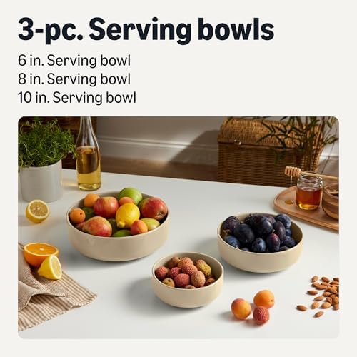Amazon Basics Ceramic Serving Bowls Set Of 3, Glazed Stoneware (6", 8" & 10"), Nestable Space-Saving, Stain-Resistant, Microwave & Dishwasher-Safe, Linen Gray
