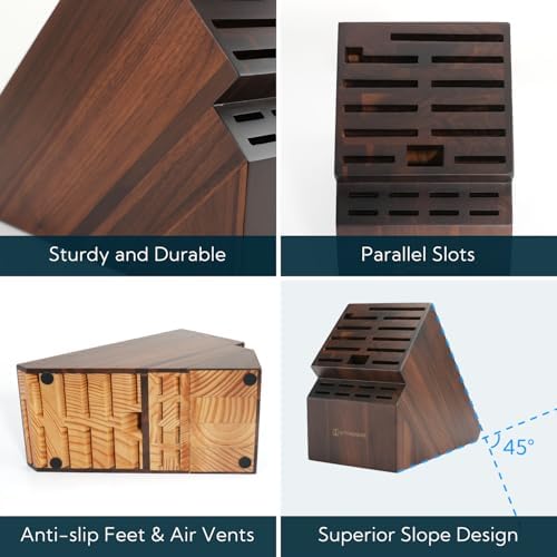 KITCHENDAO 20 Slot Black Walnut Wood Knife Block without Knives, Universal Knife Holder for Kitchen, Holding Multiple Types of Knives, Countertop Butcher Block Knife Stand for Easy Kitchen Storage