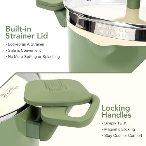 MICHELANGELO 6 Qt Ceramic Nonstick Pasta Pot with Strainer Lid, Roden Green