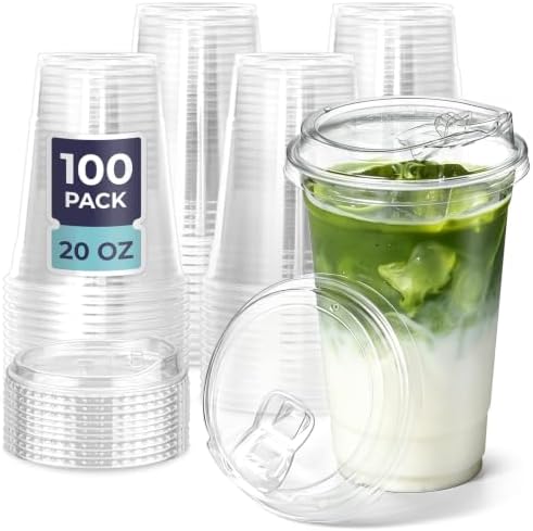 Fit Meal Prep 100 Pack 20 oz Clear Plastic Cups with Strawless Sip Lids, Disposable Plastic Coffee Cups with Lids, To Go Cups for Iced Coffee, Smoothies, Soda, Party Drinks, Bubble Tea, Cold Beverage
