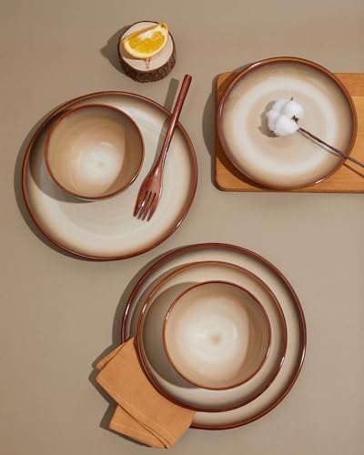 Pokini Stoneware Dinnerware Sets for 6, 18pcs Plates and Bowls Sets Dishes
