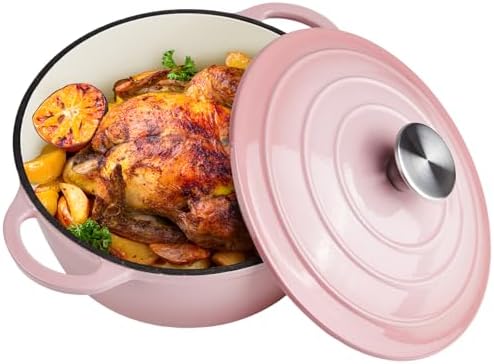 6 Quart Dutch Oven Enameled Cast Iron with Lid - Big Dual Handles - Oven Safe up to 500°F - Classic Round Pot for Versatile Cooking Pink