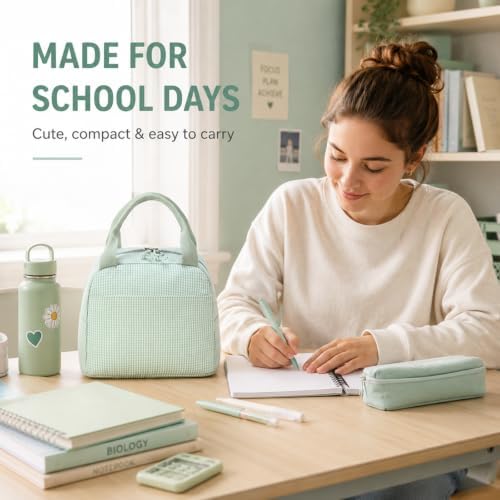 Bluboon Lunch Box for Women Cute Lunch Bag Reusable Insulated Lunch Bags Large Capacity Lunchbox Cooler for Work Picnic or Travel Gifts (Green White checker, 10 x 7.5 x 8 inches)