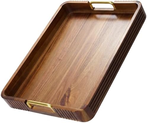 Acacia Wood Serving Tray with Gold Handles (Natural, 17" x 13" x 2")