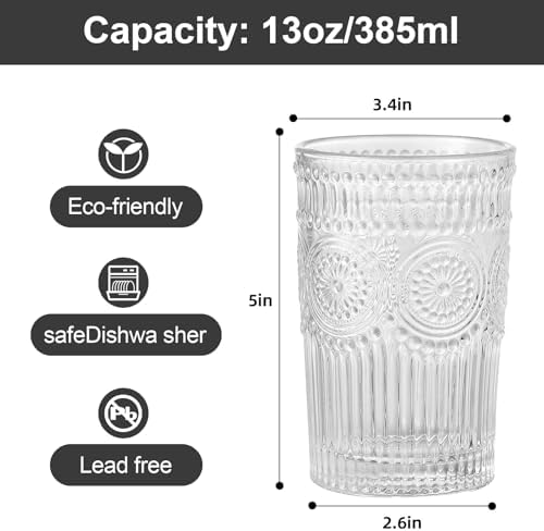 ZMOWIPDL Drinking Glasses Set of 6,13oz Flower Design Clear Glass Cups