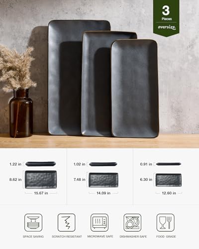 Famiware Serving Platters Set of 3 Sizes - Rectangular, Matte Dark Charcoal