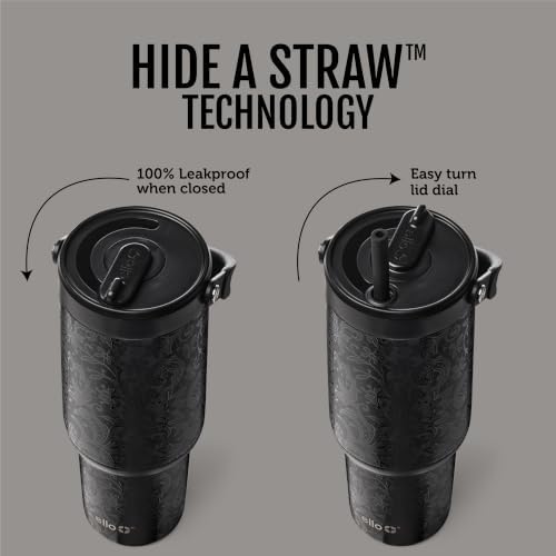 Ello Oasis Go+ 32oz Tumbler with Top Handle and Retracting Straw | Reusable Insulated Stainless Steel Cup, 100% Leakproof Water Bottle, 24 Hours Cold, Cup Holder Friendly For Travel | Black Lace