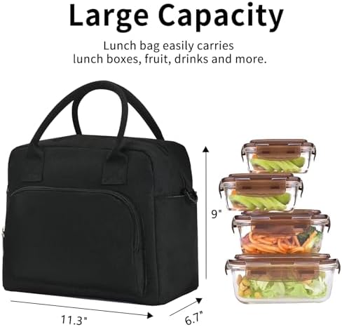 Lunch Bag Women Lunch Box for Women Adult Cute Insulated Lunch Bag Lager Cooler Lunch Tote Bags for Work Picnic (Black)