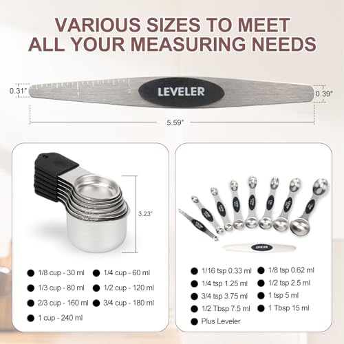 16-Piece Magnetic Measuring Cups and Spoons Set, Stainless Steel, Black