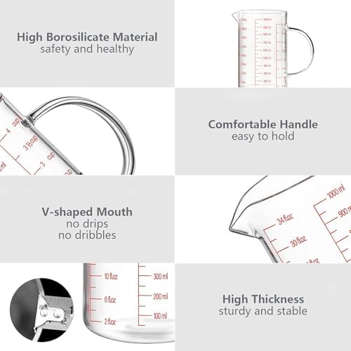 WhiteRhino Glass Measuring Cup,34oz/4Cup/1000ml Liquid Measuring Cups, Measuring Cup With Handle and V-Shaped Spout, Glass Beaker with Three Scales (OZ, Cup, ML), Dishwasher/Freezer/Microwave Safe
