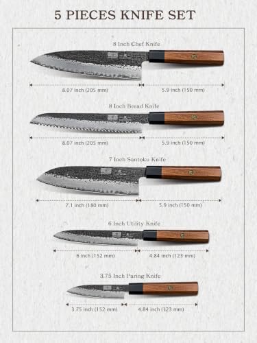 HOSHANHO 5 Pieces Knife Set, 10CR15MOV High Carbon Steel Chef Knife Set