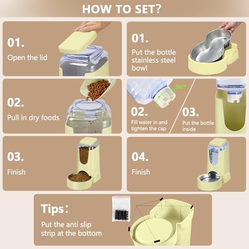 HWONMTE Portable Automatic Cat Feeder and Water Dispenser with Stainless Steel Bowl Dog Gravity Food Feeder and Waterer for Small Medium Pets Puppy Kitten 1 Gallon x 2 (Cream Yellow)