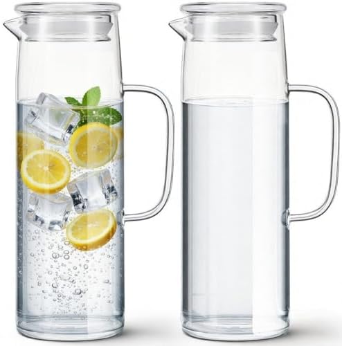 Hsei 2 Sets Glass Pitcher with Lid Water Carafe, Glass Lid, 1.5L