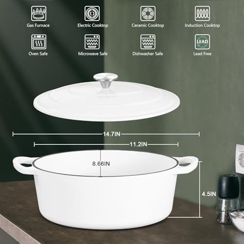 Leonyo 5-Quart Enameled Cast Iron Oval Dutch Oven Pot with Lid, White