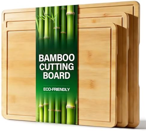 Zarler Bamboo Cutting Boards for Kitchen, 3 Piece Durable Wood Cutting Board with Juice Grooves and Handles, Wooden Chopping Board Set for Meal Prep, XL Size, Ideal Kitchen Gift