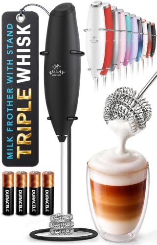 Zulay Kitchen Powerful Milk Frother Wand With Duracell Batteries - Ultra Fast Handheld Drink Mixer - Electric Whisk Foam Maker for Coffee, Lattes, Cappuccino & Matcha - Triple Whisk - Midnight Elite