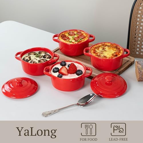 Mini Dutch Oven Set of 4, 14 oz Ceramic Mini Dutch Ovens with Lids and Handles, Ramekins with Lids for French Onion Soup, Pot Pies, Soufflés and Baked Desserts, Oven Microwave Dishwasher Safe, Mini Cocotte，（Red）