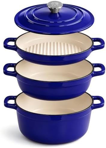AHJ Cast Iron Dutch Oven Set - 4 Piece Nesting Enameled Cookware with Lid