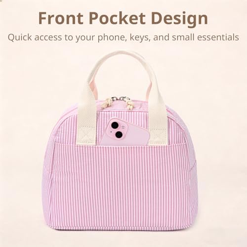 LOVELYWIND Lunch Box for Women, Insulated Lunch Bag, Pink Stripe Tote