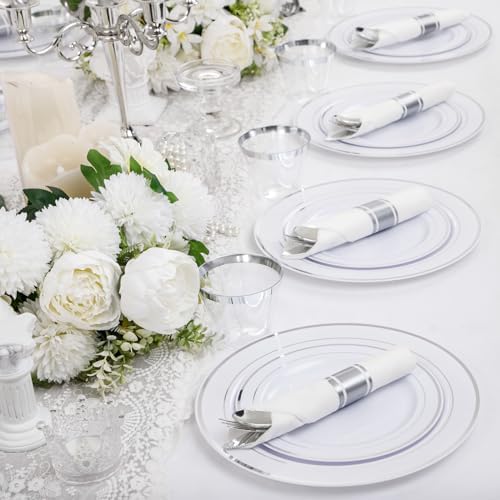 WELLIFE 210 Piece Silver Plastic Dinnerware Set for 30 Guests, Include: 30 Dinner Plates, 30 Dessert Plates, 30 Pre Rolled Napkins with Silverware and 30 Silver Cups