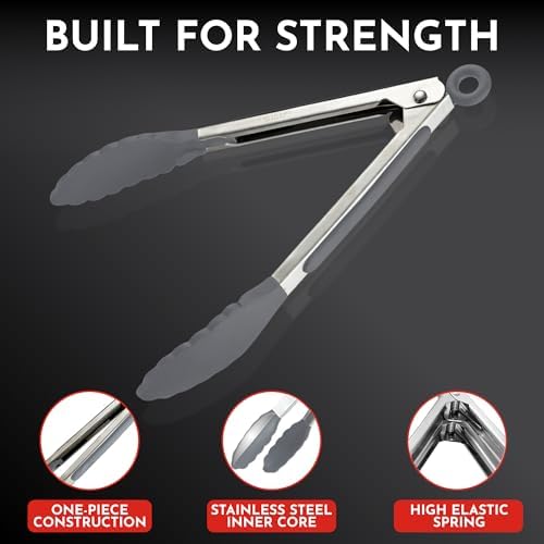 Kitchen Tongs - 12, 9 & 7 Inch Locking Silicone Tongs for Cooking, Set of 3