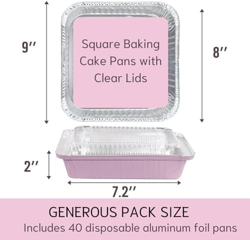 (40 Pack) 8x8 Square Aluminum Baking Cake Pans with Clear Lids - Pink Foil Pans with Lids - Disposable Food Containers Great for Cooking, Heating, Storing, Prepping Food