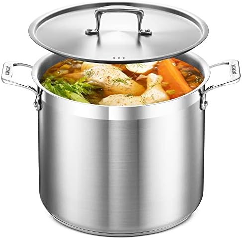Stainless Steel Stockpot with Lid 12 Quart, Durable 18/8 Stainless Steel, Impact-Bonded Base for Even Heating, Riveted Handles, Oven & All Stove Compatible, Safe Up To 500°F (260°C)