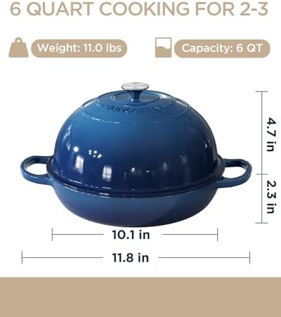 Enameled Cast Iron Bread Oven, 6QT Cast Iron Dutch Oven for Homemade Sourdough Bread Baking, Round Bread Pot with Dome Lid & Cotton Potholders, Navy Blue