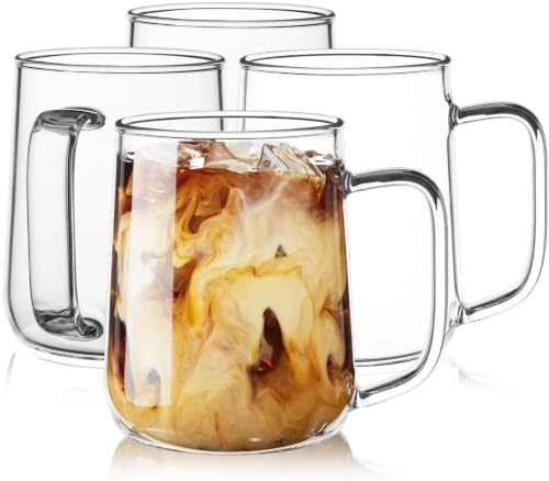 Large Glass Coffee Mugs, 24 oz Glass Coffee Cups Set of 4, Clear Borosilicate Glass Mugs with Handles for Cappuccino, Tea, Latte, Hot/Cold Beverages, Wine, Americano, Smoothies
