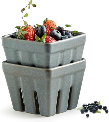 Gomakren Ceramic Berry Bowl Set of 2 Square Strawberry Basket, Slate Blue