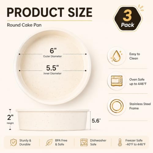 Vinino 6 Inch Silicone Round Cake Pans, 3 Pack with Metal Frame