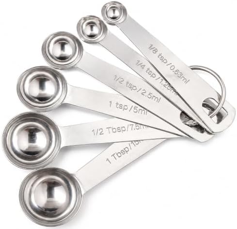Stainless Steel Measuring Spoons Set of 6, Metal Measuring Spoons with Engraved US & Metric Measurements, Stackable with Ring Connector, Dishwasher Safe for Baking & Cooking