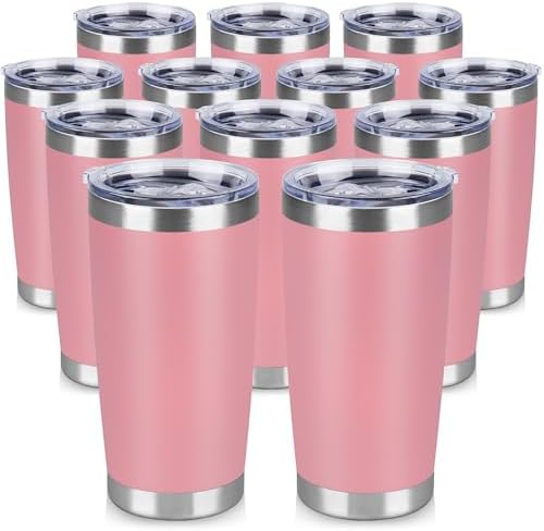 20 oz Tumbler Stainless Steel Tumblers Bulk with Lid Double Wall Insulated Coffee Tumbler Cups for Hot & Cold Drinks Powder Coated Travel Coffee Tumbler Mug Metal (Rose Pink, 12 pack)