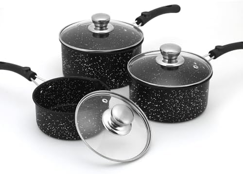 Nonstick Saucepan with Lid, 1QT & 1.5QT & 2QT Small Milk Pots Set with Healthy Teflon Coating, Multipurpose Induction Compatible Cooking Pans Kitchen Cookware Set