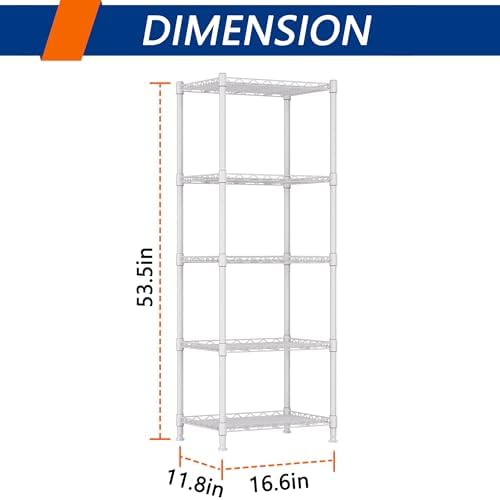 REGILLER 5-Wire Shelving Metal Storage Rack Adjustable Shelves,Standing Storage Shelf Units for Laundry Bathroom Kitchen Pantry Closet(White,11.8" D x 16.6" W x 53.5" H)