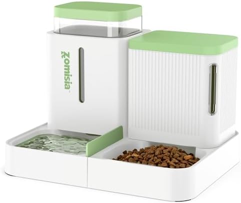 ZOMISIA Gravity Cat Feeder and Water Dispenser, 0.8 Gal x 2, White & Green