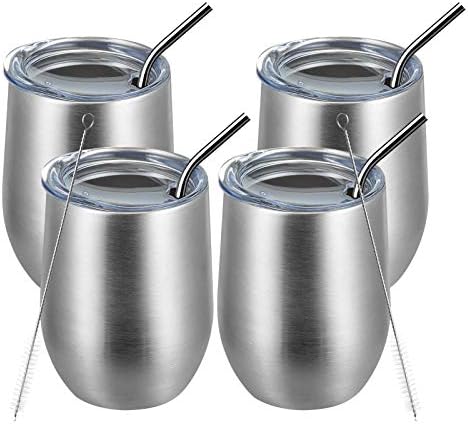 MEWAY 12oz/4 Pack Wine Tumbler Glasses with Lid - Stemless Double Wall Vacuum Stainless Steel Travel Tumbler - Keeping Cold & Hot for Wine,Coffee,Cocktails,Drinks-Family and Gifts (Silver,Set of 4)