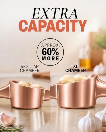 Zulay Kitchen Large Premium Garlic Press Set - Bigger Bowl for Bigger Garlic - Rust Proof Garlic Mincer Tool - Easy-Squeeze, Easy-Clean Silicone Garlic Peeler & Brush (Rose Gold)