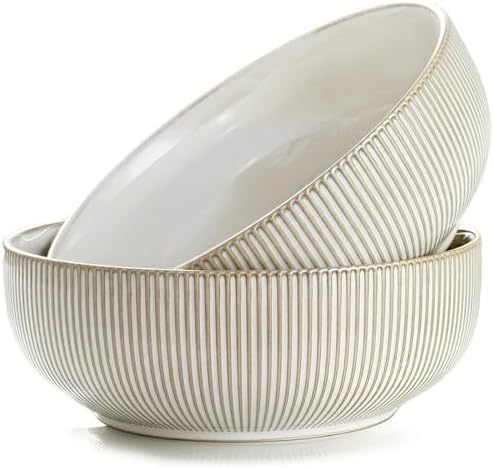 getstar Large Serving Bowls (9.5 inch & 92 fl oz), Ceramic Salad Bowl Set of 2, Microwave and Dishwasher Safe (Embossed Stripes)