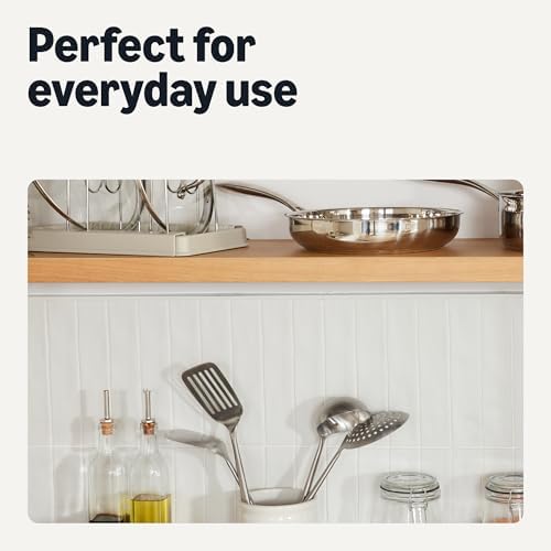 Amazon Basics Stainless Steel Cooking Utensil Set with Ladle, Spatula, Slotted Spatula and Slotted Spoon, 4-Piece Set, Soft Grip Handle, Dishwasher-Safe, Linen Gray