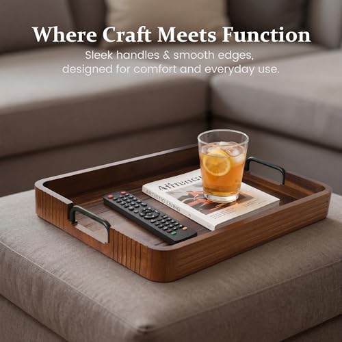 Acacia Wood Serving Tray with Metal Handle, 17x13in Tray for Ottoman
