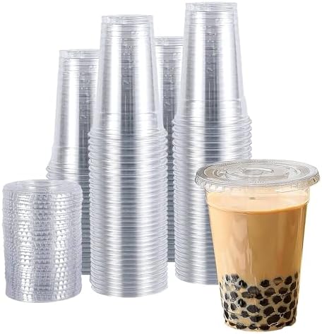 TashiBox plastic cups with lids [20 oz 100cups&100flat lids],Clear Crystal disposable plastic cups,smoothie cups