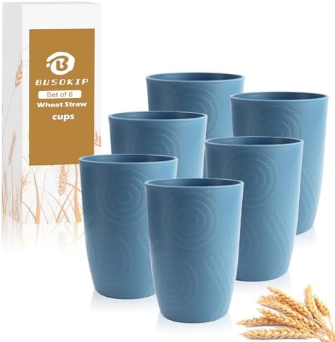 16oz Water Tumbler, Plastic Cups Set of 6, Wheat Straw Cups - Blue