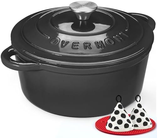 Overmont Enameled Cast Iron Dutch Oven - 4.5QT Pot with Lid Cookbook & Cotton Potholders - Heavy-Duty Cookware for Braising, Stews, Roasting, Bread Baking GraphiteGray
